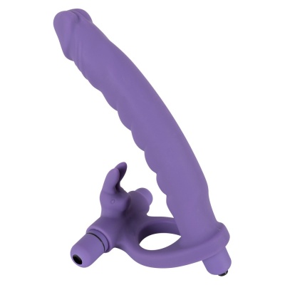 Strap-on ORION z wibracją – silikonowy stymulator łechtaczki w kształcie królika, dildo 16 cm (średnica 2,6 cm), pierścień na pe - 1 2