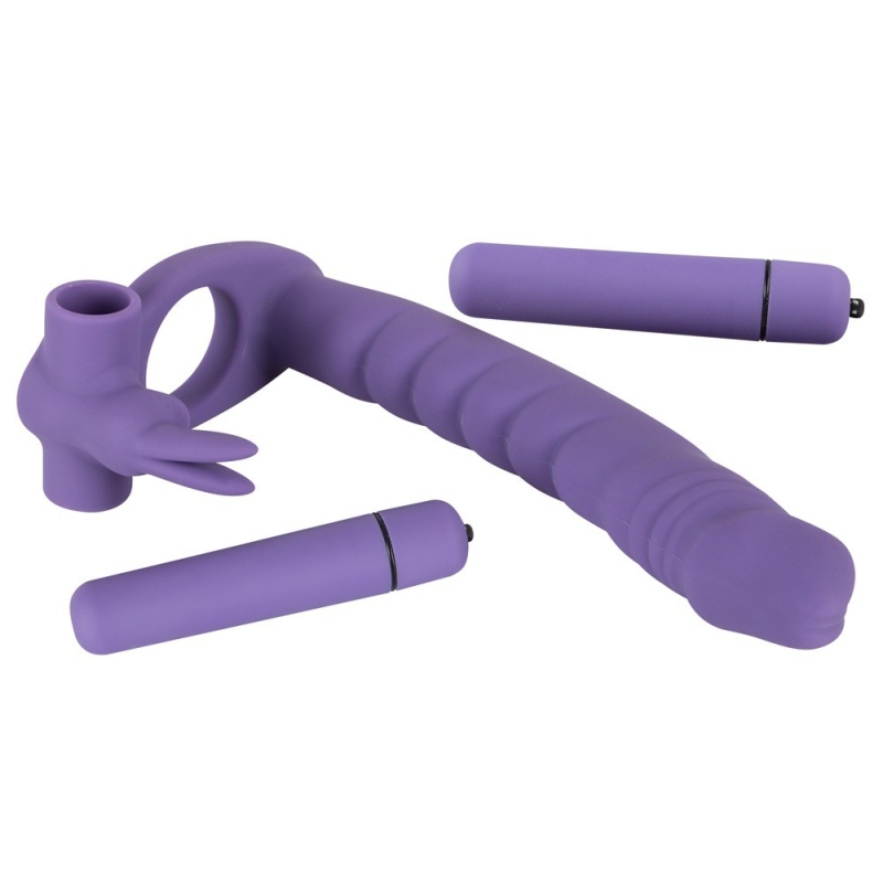 Strap-on ORION z wibracją – silikonowy stymulator łechtaczki w kształcie królika, dildo 16 cm (średnica 2,6 cm), pierścień na pe - 3