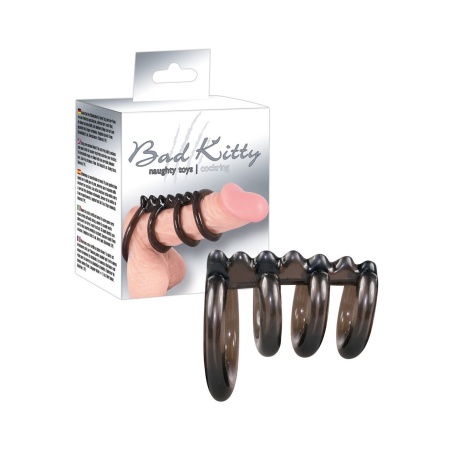 Bad Kitty Ring Quartett – zestaw 4 pierścieni na penisa z ząbkowanym prętem stymulacyjnym, średnice 2,3 cm i 4,3 cm, długość 6,5 - 2
