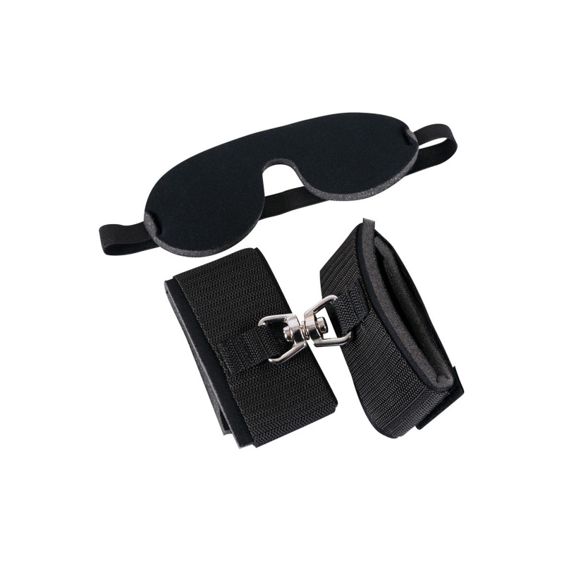 Zestaw bondage Bad Kitty Blindfold/Handcuffs – wyściełane kajdanki z obrotowym pierścieniem i zapięciem na rzep oraz opaska na o - 2
