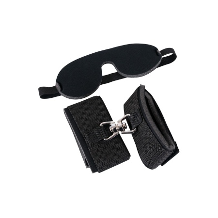 Zestaw bondage Bad Kitty Blindfold/Handcuffs – wyściełane kajdanki z obrotowym pierścieniem i zapięciem na rzep oraz opaska na o - 2