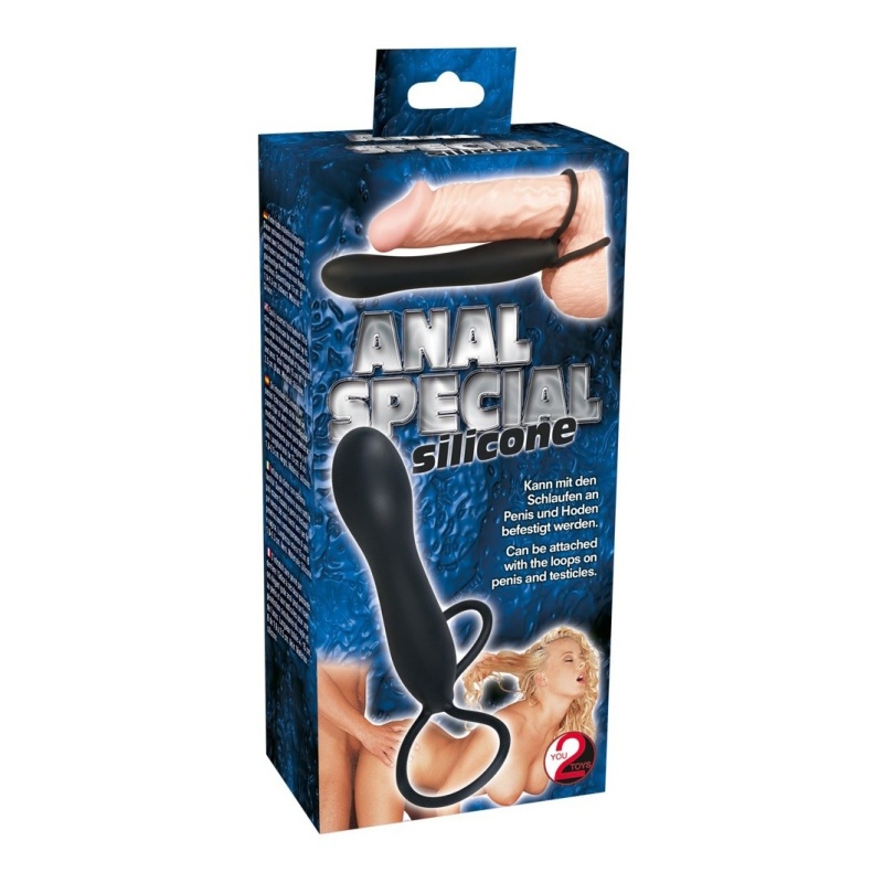 Dildo analne Anal Special Silicone Black z dwiema pętlami mocującymi na penisie i jądrach, 15 cm - 2