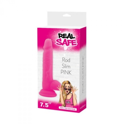 Silikonowe Dildo Real Safe Rod Slim 19 cm Różowe z Przyssawką - 1 2