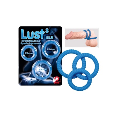 Pierścienie na penisa Lust³ Blue – zestaw 3 rowkowanych silikonowych pierścieni o średnicach 2,6 / 3,0 / 3,5 cm - 1