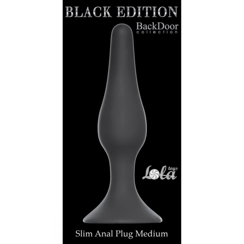 Korek analny Plug-Slim Medium Black - silikon medyczny, stożkowy profil, podstawa z przyssawką, długość 11,5 cm, średnica 2,7 cm - 2