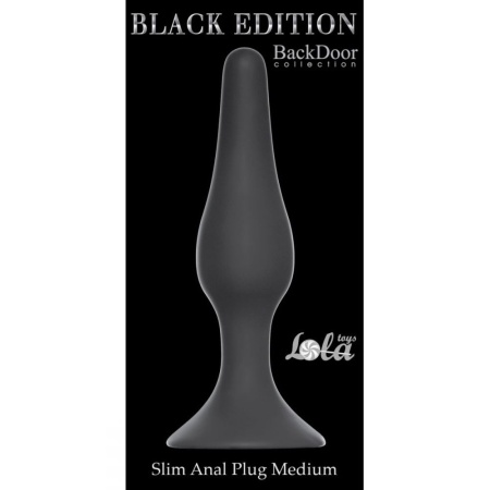 Korek analny Plug-Slim Medium Black - silikon medyczny, stożkowy profil, podstawa z przyssawką, długość 11,5 cm, średnica 2,7 cm - 2