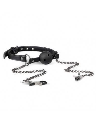 Knebel Open Ball Gag With Nipple Clamps - Kneble do ust - 9