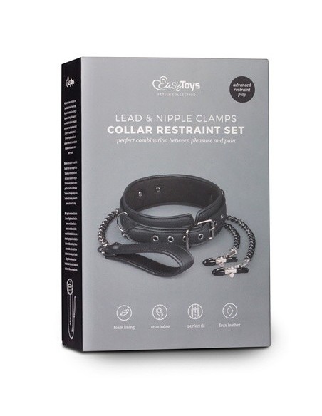 Obroża ze smyczą Leather Collar With Nipple Chains - Chokery, obroże i smycze - 1