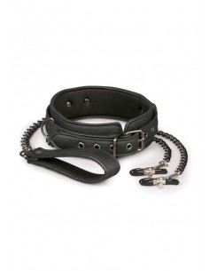 Obroża ze smyczą Leather Collar With Nipple Chains - Chokery, obroże i smycze - 1 2