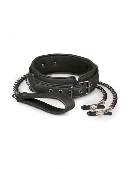 Obroża ze smyczą Leather Collar With Nipple Chains - Chokery, obroże i smycze - 2