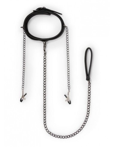 Obroża ze smyczą Leather Collar With Nipple Chains - Chokery, obroże i smycze - 3