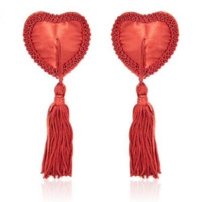 Nakładki na sutki Heart Nipples Tassels RED w kształcie serca, czerwone z frędzelkami - 1