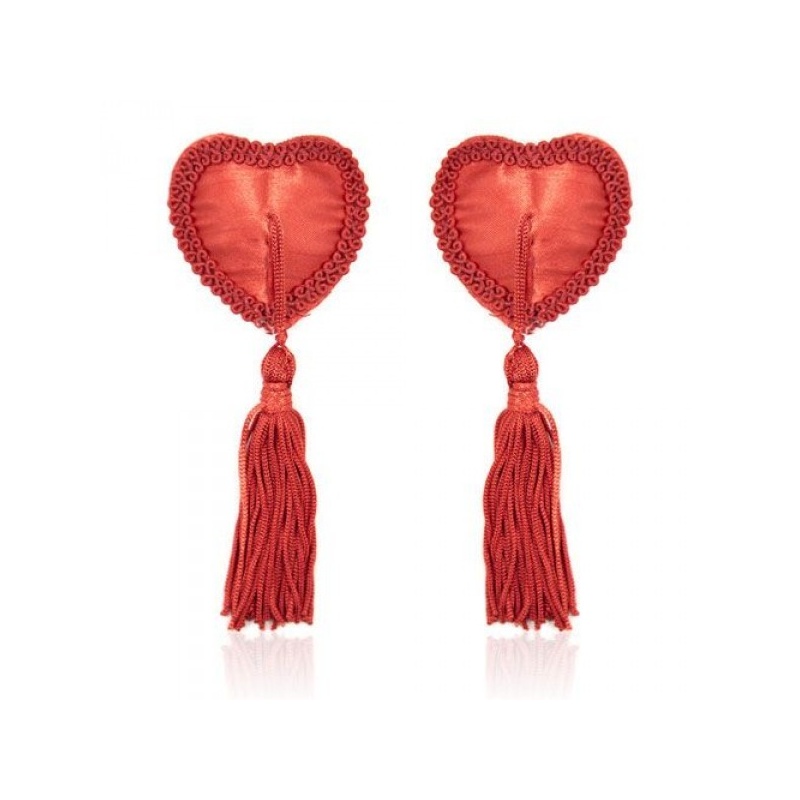 Nakładki na sutki Heart Nipples Tassels RED w kształcie serca, czerwone z frędzelkami - 1