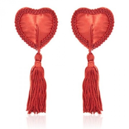 Nakładki na sutki Heart Nipples Tassels RED w kształcie serca, czerwone z frędzelkami - 1