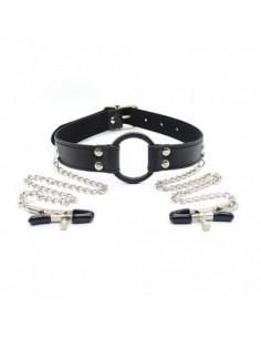 Klamry na sutki Ring Gag + Nipples Clamps (Black) - Klamry i klipsy na sutki - 1
