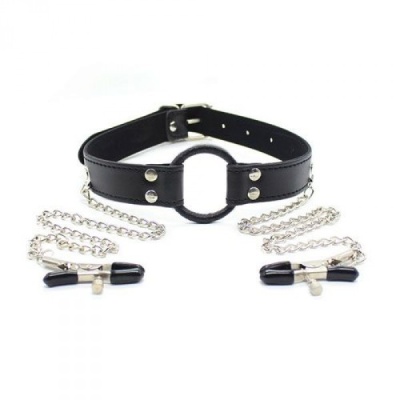 Knebel Ring Gag z Zaciskami na Sutki 5 cm Czarny - 1