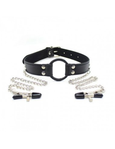 Klamry na sutki Ring Gag + Nipples Clamps (Black) - Klamry i klipsy na sutki - 1