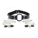 Knebel Ring Gag z Zaciskami na Sutki 5 cm Czarny - 1