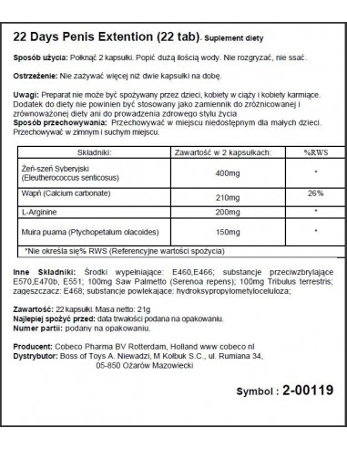 22 Days Penis Extention 22 kaps. - Dłuższa i mocniejsza erekcja - 2