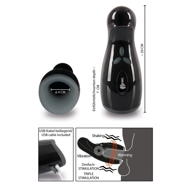 Masturbator Rebel z 3 funkcjami: wibracje, ogrzewanie i ruch posuwisty, 20 cm - 8