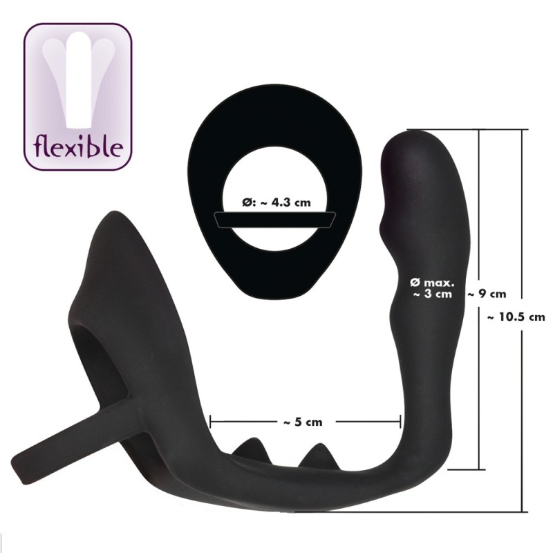 Pierścień erekcyjny z zatyczką analną Ring & Plug i mostkiem na krocze, wtyczka 9 cm, pierścień 4,3 cm - 10