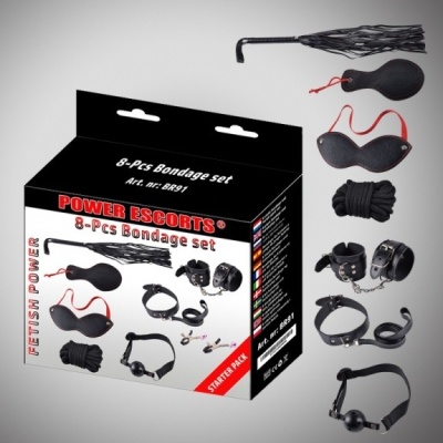 Zestaw Bondage Power Escorts BR91 8-częściowy czarny z biczem 45 cm - 1