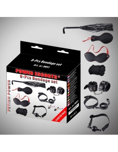 Lina BDSM Bondage Set 8 Pcs Black Cuffs / Collar/ Mask/ Whipp/ Clamps/Rope Etc - Liny, sznury BDSM - 1