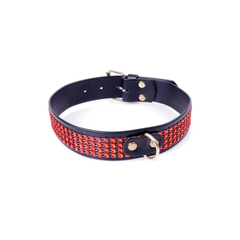 Obroża BDSM Collar With Crystals 3 Cm Red Line - 1