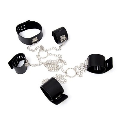Chain Hogtie - Zestaw kajdanek z obrożą BDSM, czarny, łańcuch 80 cm - 1