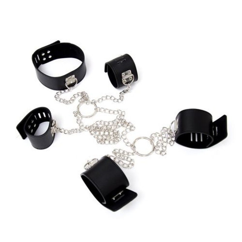 Chain Hogtie - Zestaw kajdanek z obrożą BDSM, czarny, łańcuch 80 cm - 1