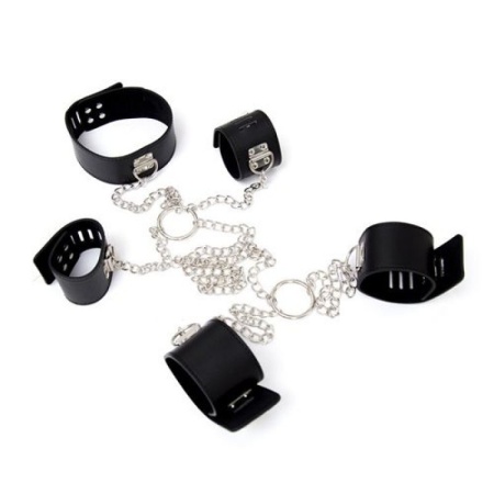 Chain Hogtie - Zestaw kajdanek z obrożą BDSM, czarny, łańcuch 80 cm - 1