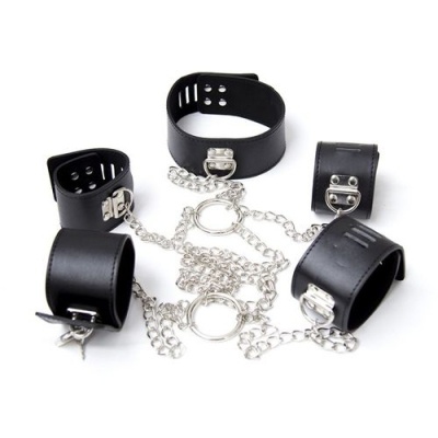 Chain Hogtie - Zestaw kajdanek z obrożą BDSM, czarny, łańcuch 80 cm - 1 2