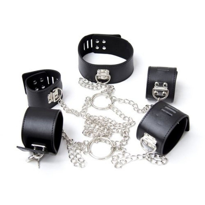 Chain Hogtie - Zestaw kajdanek z obrożą BDSM, czarny, łańcuch 80 cm - 2