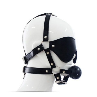 Uprząż na twarz Total Head Harness Restraint z maską na oczy i kneblem - czarna, ekoskóra - 1