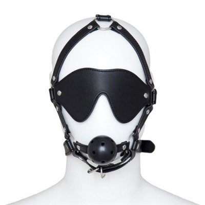Uprząż na twarz Total Head Harness Restraint z maską na oczy i kneblem - czarna, ekoskóra - 1 2
