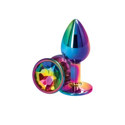 Czop analny Rear Assets Multicolor Small aluminiowy z tęczowym gemem o długości 6,9 cm - 1