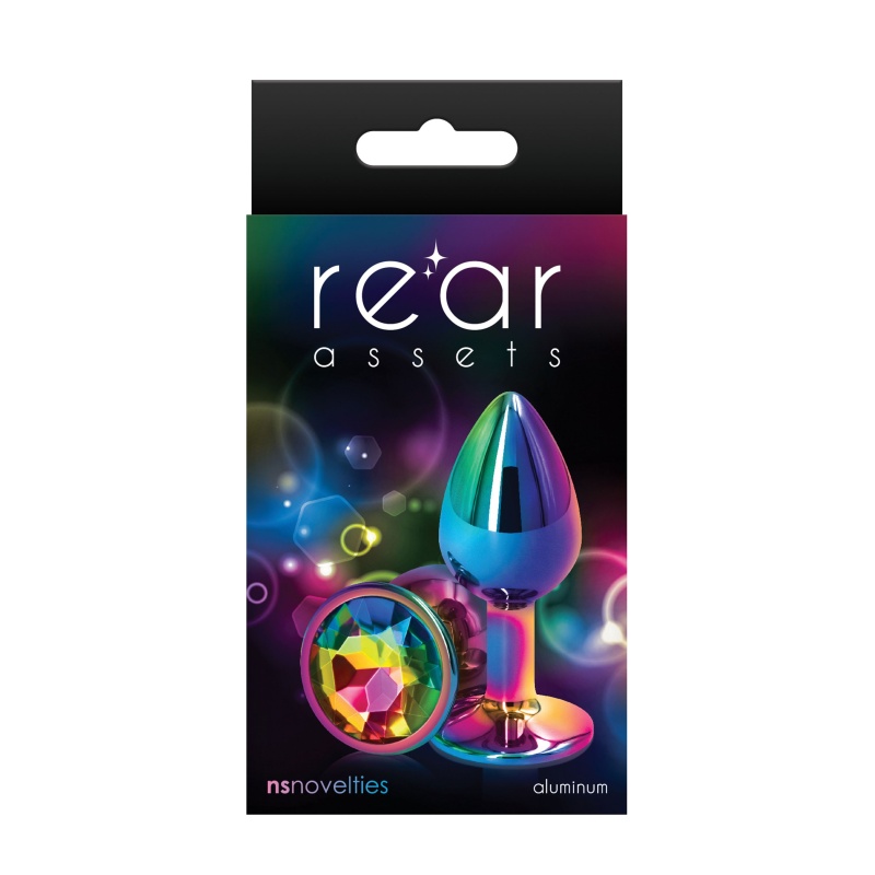 Czop analny Rear Assets Multicolor Small aluminiowy z tęczowym gemem o długości 6,9 cm - 2