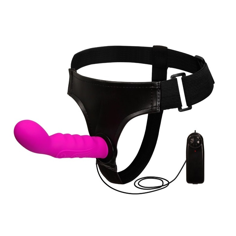 Wibrator strap-on ULTRA HARNESS Vibration z zagiętą główką i pilotem - długość całkowita 15,5 cm - 1