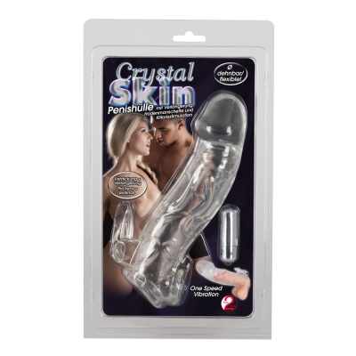 Tuleja na penisa z wibracją Chrystal Skin Penis Sleeve Vibro — przezroczysty przedłużacz z pętlą na jądra i stymulatorem łechtac - 2