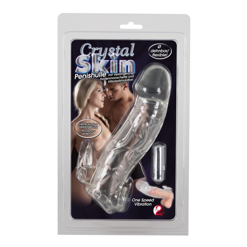 Tuleja na penisa z wibracją Chrystal Skin Penis Sleeve Vibro — przezroczysty przedłużacz z pętlą na jądra i stymulatorem łechtac - 2