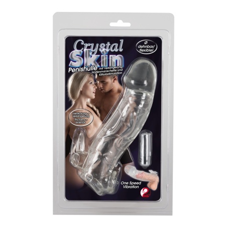 Tuleja na penisa z wibracją Chrystal Skin Penis Sleeve Vibro — przezroczysty przedłużacz z pętlą na jądra i stymulatorem łechtac - 2