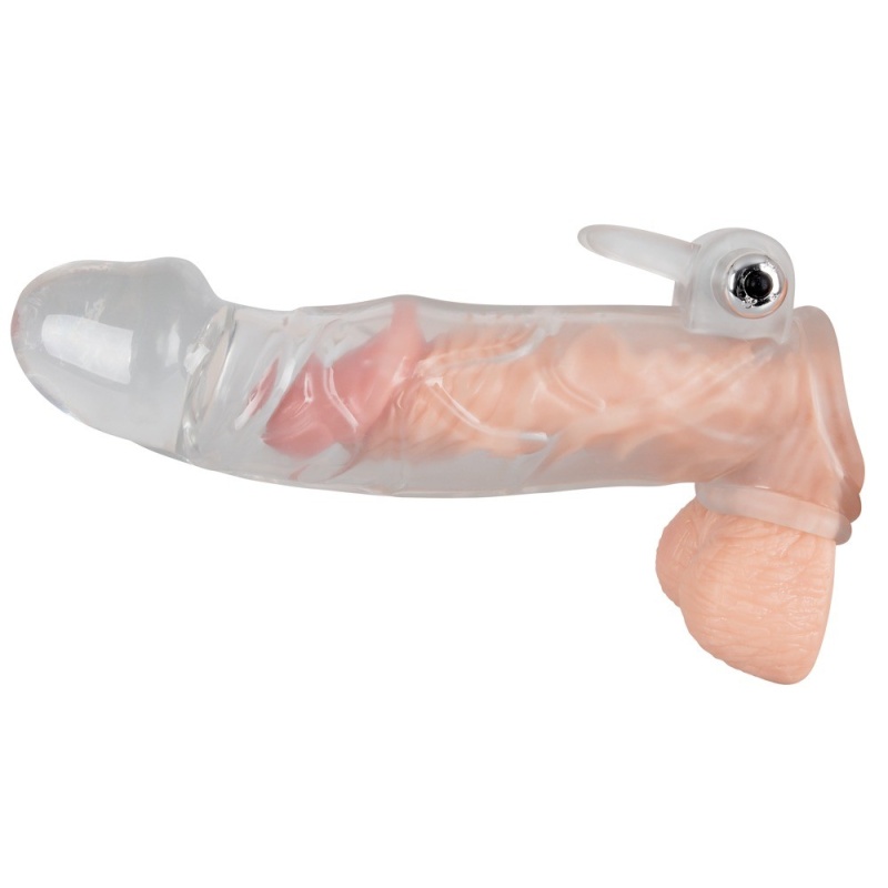 Tuleja na penisa z wibracją Chrystal Skin Penis Sleeve Vibro — przezroczysty przedłużacz z pętlą na jądra i stymulatorem łechtac - 7