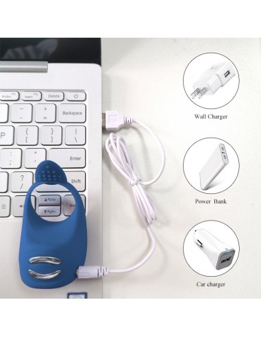 Pierścień z wibracjami Silicone Ring Niebieski Usb 7 Funkcji + Elektrostymulacja - Pierścienie erekcyjne wibrujące - 5