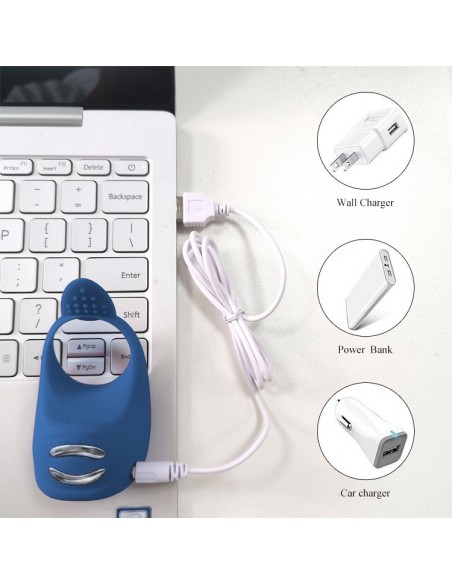 Pierścień z wibracjami Silicone Ring Niebieski Usb 7 Funkcji + Elektrostymulacja - Pierścienie erekcyjne wibrujące - 5