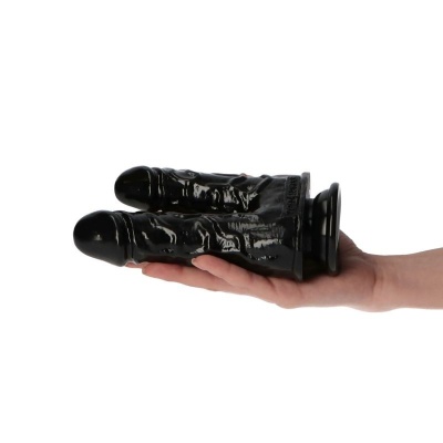 Podwójne dildo analno-waginalne 15.5 cm na przyssawce – czarny - 1