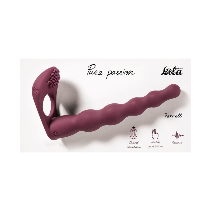 Nasadka Strap-on Farnell Wine Red - silikonowa, podwójna penetracja z wibracją łechtaczki, dł. 17 cm, śr. 2,6 cm - 1