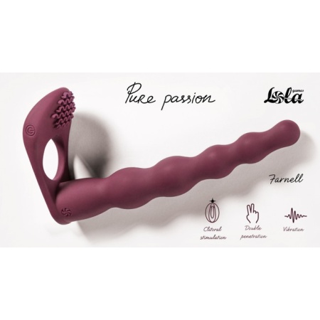 Nasadka Strap-on Farnell Wine Red - silikonowa, podwójna penetracja z wibracją łechtaczki, dł. 17 cm, śr. 2,6 cm - 1