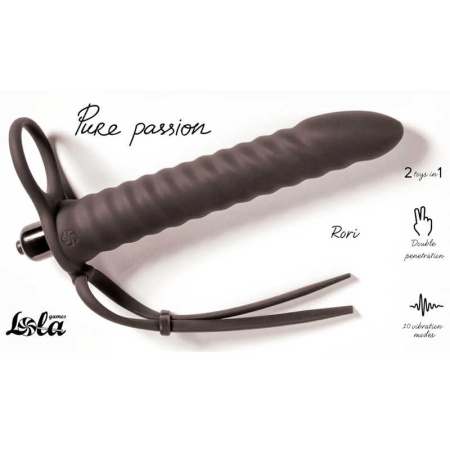 Strap-on Pure Passion Rori Black - silikonowa nakładka z wibrującym pociskiem, pierścień o średnicy wewnętrznej 3 cm, długość 16 - 1