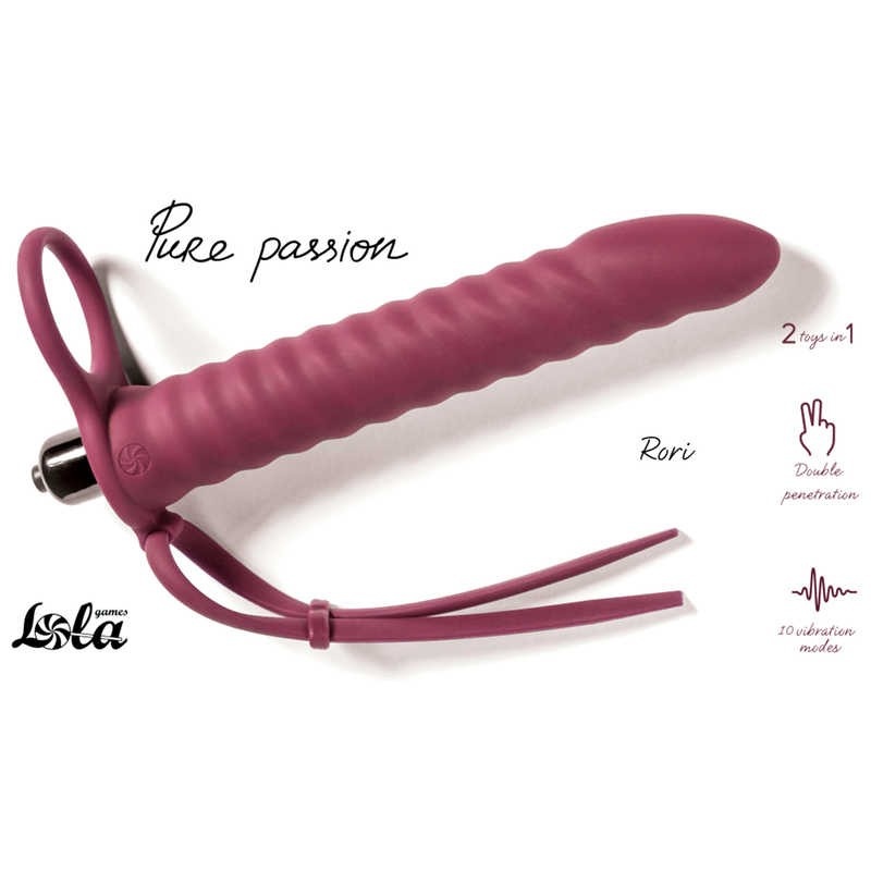 Nasadka strap-on Rori Wine Red - silikonowa, z pierścieniem mocującym i wibrującym pociskiem, dł. 16,2 cm - 1
