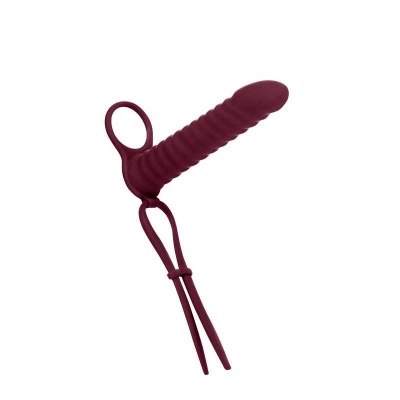 Nasadka strap-on Rori Wine Red - silikonowa, z pierścieniem mocującym i wibrującym pociskiem, dł. 16,2 cm - 1 2